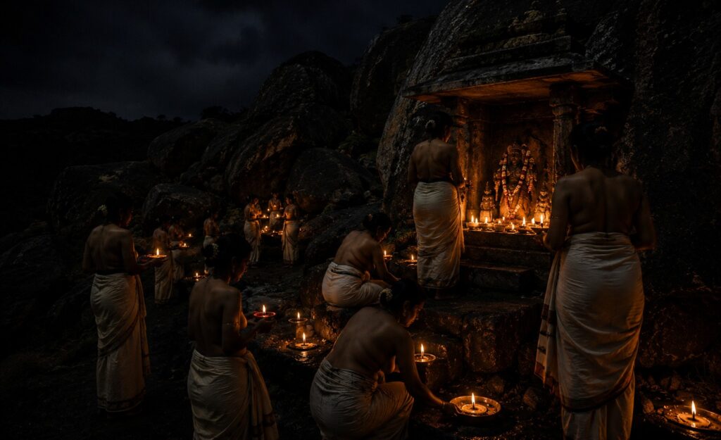 ಚಂದ್ರಗುಟ್ಟಿ ಬೆಟ್ಟದ ದಾರಿಯಲ್ಲಿ ಭಕ್ತಿಭಾವದಿಂದ ದೇವಿಯ ಆರಾಧನೆ ನಡೆಸುತ್ತಿರುವ ಮಹಿಳೆಯರ ದೃಶ್ಯ. ಸಂಪ್ರದಾಯ, ನಂಬಿಕೆ ಮತ್ತು ಆಧ್ಯಾತ್ಮಿಕ ಆಚರಣೆಯ ಕಲಾತ್ಮಕ ನಿರೂಪಣೆ. Image Source: AI Generated Representation (For Illustrative Purpose Only)