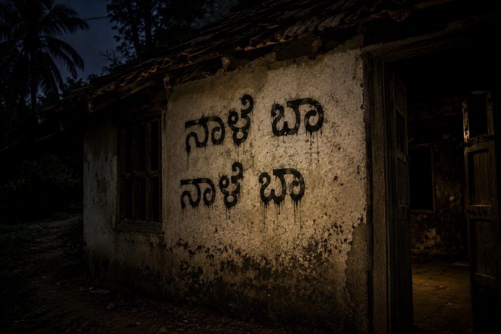 1980ರ ದಶಕದಲ್ಲಿ ಮಲೆನಾಡಿನ ಮನೆಗಳ ಗೋಡೆಗಳಲ್ಲಿ ಕಾಣಿಸಿಕೊಂಡ ‘ನಾಳೆ ಬಾ’ ಬರಹ. Image Source: AI-generated representative image created for illustrative purposes.