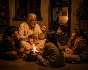 ಚಳಿಗಾಲದ ರಾತ್ರಿ ಮನೆಯ ಅಂಗಳದಲ್ಲಿ ಬೆಂಕಿಯ ಸುತ್ತ ಕುಳಿತು ಅಜ್ಜ ಹೇಳುತ್ತಿದ್ದ ಸಾಹಸ, ಜಾನಪದ ಮತ್ತು ಭೂತದ ಕಥೆಗಳು ಮಕ್ಕಳ ಕಲ್ಪನಾ ಲೋಕವನ್ನು ಶ್ರೀಮಂತಗೊಳಿಸುತ್ತಿದ್ದವು. ಇಂತಹ ಕಥಾಸಂಜೆಗಳು ಕುಟುಂಬದ ಬಾಂಧವ್ಯವನ್ನು ಗಟ್ಟಿಗೊಳಿಸಿದ ಅಪರೂಪದ ಸಂಪ್ರದಾಯವಾಗಿತ್ತು.Image Source: AI Generated (ChatGPT / OpenAI)